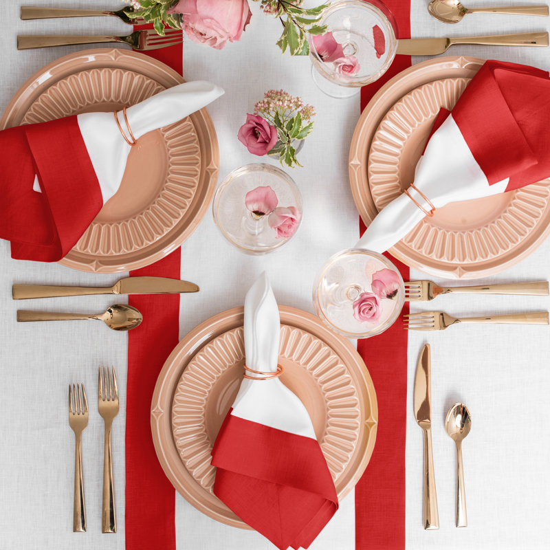 Contempo - 100% Pure Linen Dinner Napkins, Red/White