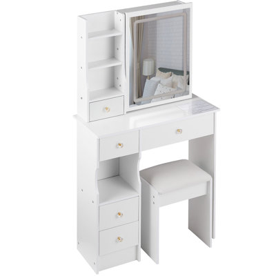 Petit meuble-lavabo de 29,2 po avec tabouret de bureau et tabouret rembourré, grand tiroir, commande tactile, interrupteur tricolore, miroir à luminosité réglable, rangement à grande capacité, convient aux petits espaces