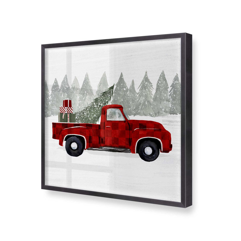 Camionnette rouge, arbre de Noël imprimé, H 13,75 po x l 13,75 po, Cadre simple en zinc patiné, bois massif