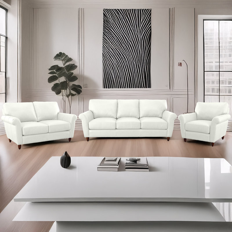 Ensemble de canapé, causeuse et chaise en cuir 100% grain de coton Cherish, Blanc