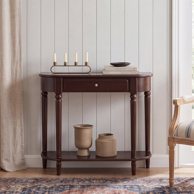 Alden 37"W Traditonal Small Solid Wood Console Table with Shelf, Drawer, Turned Legs, Dark Brown