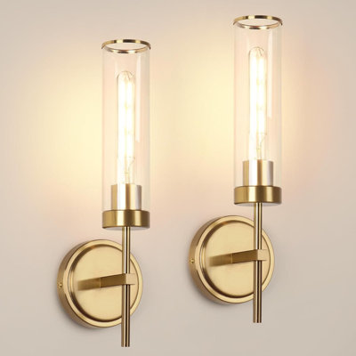 Modern Wall Sconces Set Of 2, 16 Inch Brushed Gold Hardwired Light Fixtures With Clear Glass Shade For Bathroom Vanity, Bedroom, Living Room, And Hallway