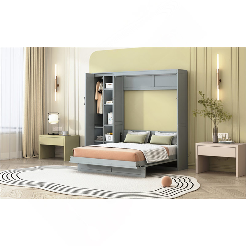Lit escamotable mural Murphy avec tablettes, garde-robe et lumières DEL, Gris, Lit double