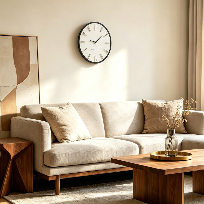 Beige Minimalist Bar Marker Round Wall Clock