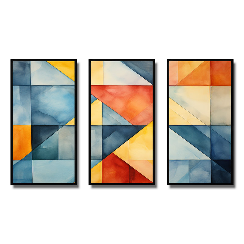 Mid-Century pastel couleur cubes III - art mural géométrique, Cadre flottant noir, H 28 po x l 36 po x P 1 po