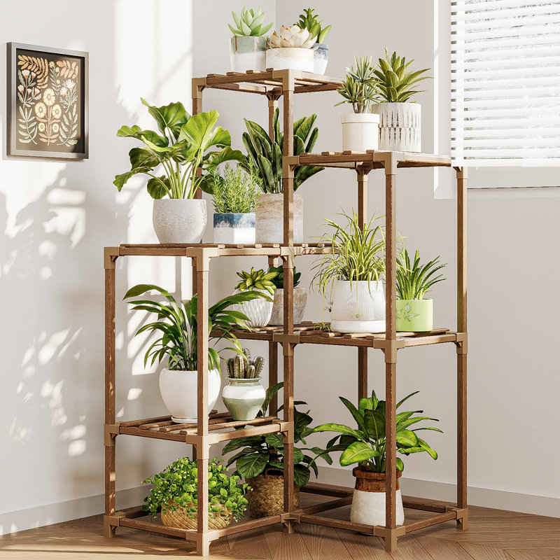 Support à plantes à 7 niveaux en bois d'eucalyptus carbonisé de 42,5 pouces, présentoir d'angle à plusieurs niveaux pour une utilisation intérieure et extérieure