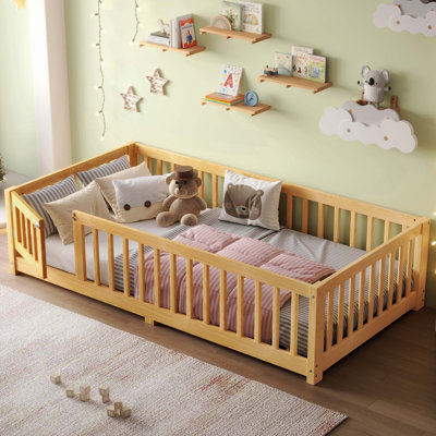 Lit double sur pied avec barrières de sécurité et porte pour enfants, gris