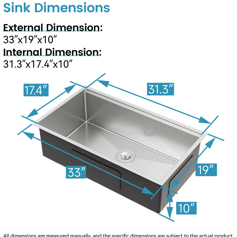 Lavabo de cuisine gris foncé fait à la main 33 po x 19 po - Acier inoxydable avec matériaux de fabrication d'évier à durabilité accrue