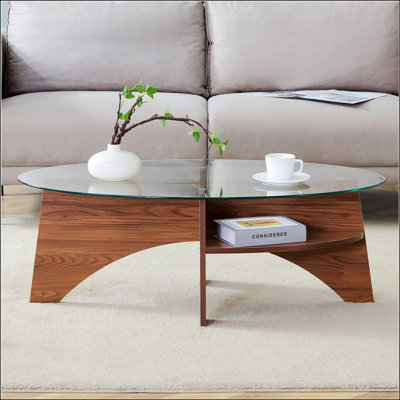 Oval Tempered Glass Coffee Table - 41.3X23.6 Multi-Functional Design, Walnut Wood Color, Diagonal Fan-Shaped Tray Design, Suitable For Various Rooms