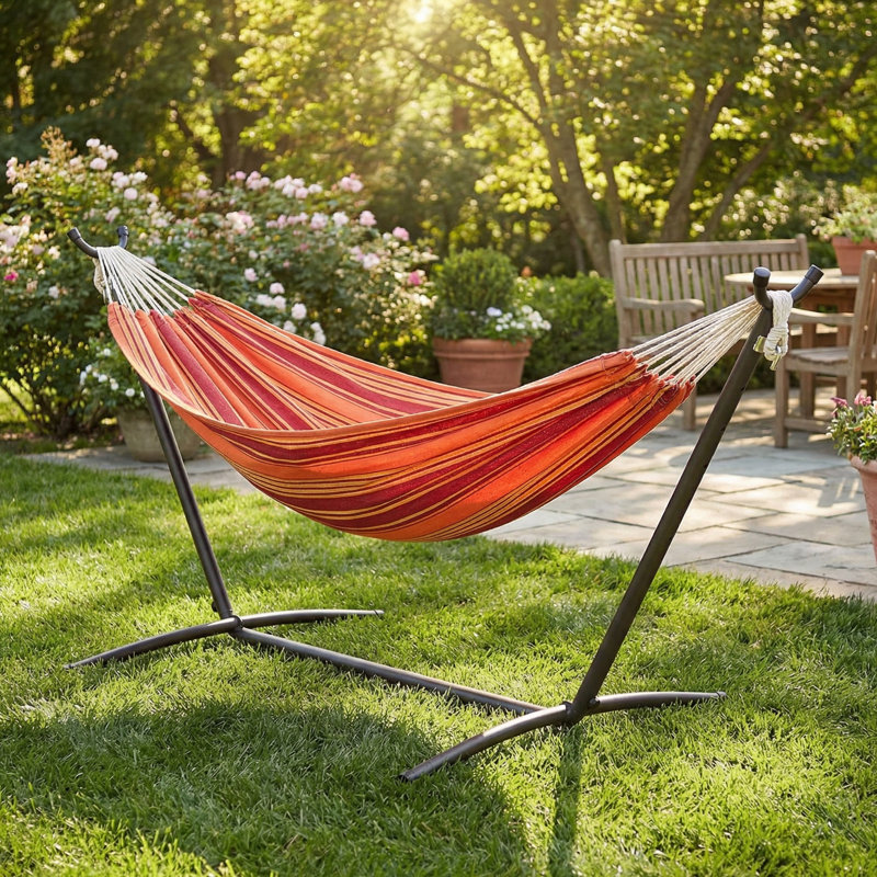 Double hamac extérieur avec support en acier de 9 pi et sac de transport, capacité de 450 lb, bande orange coucher de soleil