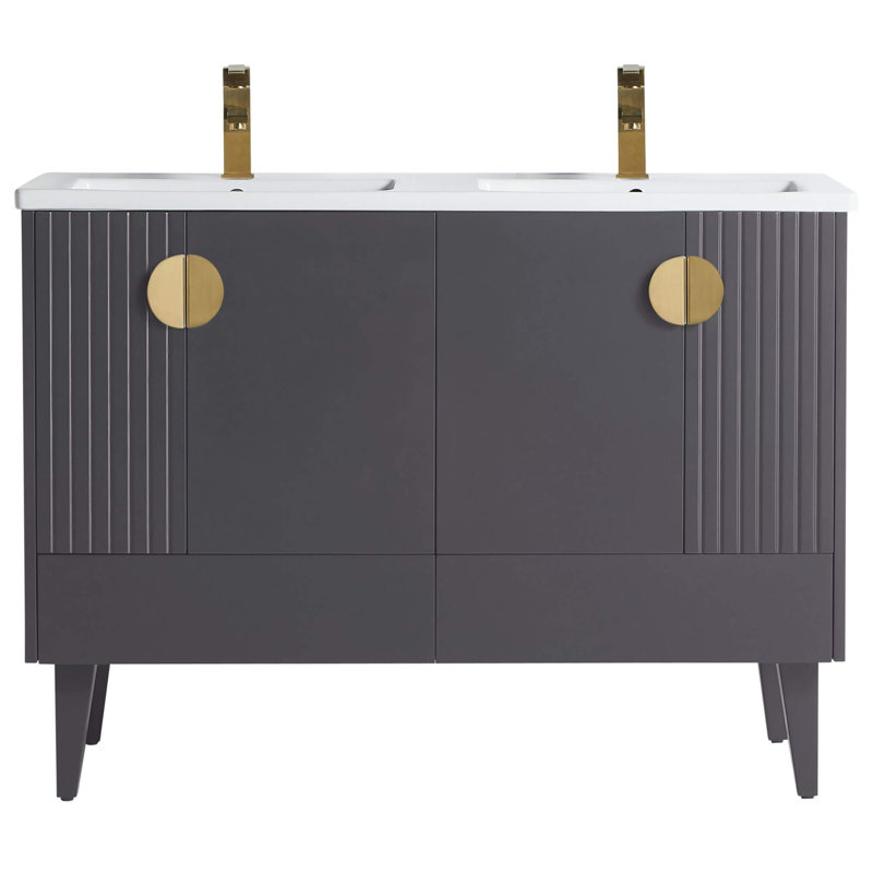 Ensemble de meuble-lavabo double 47 po Saimah, Gris roche, Laiton satiné