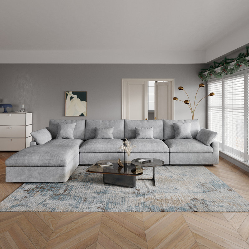 Slipcovered Upholstered Modular Sofa With Ottoman, 29.53" H x 155.9" W x 77.95" D, Gray