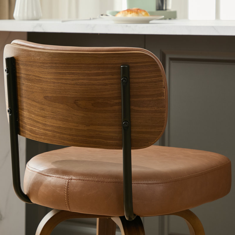 Tabouret de comptoir pivotant 26 po avec structure en bois courbé au fini noyer, 3, Brun