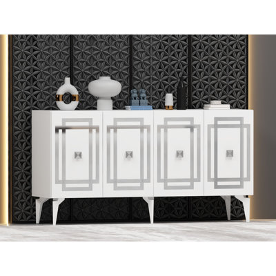 Console moderne à motif géométrique, blanc et argent, panneau de particules 100% mélaminé, épaisseur: 0,7 pouce | Nombreuses tablettes réglables, à fixation murale, conception élégante pour le salon et le vestibule