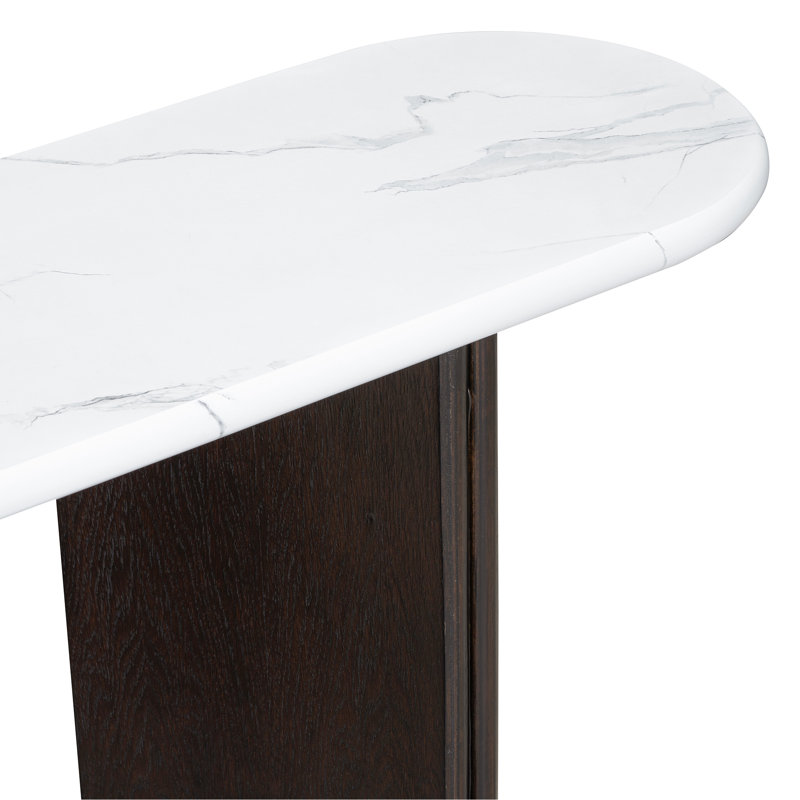Narrow Console Table With Oval Marble Top, Curved Legs And Triangular-designed Base, Espresso