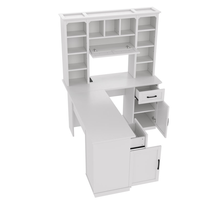 Bureau d'ordinateur en L avec 2 armoires, 2 tiroirs et 11 tablettes ouvertes, prise de courant, pour le bureau à domicile et le bureau