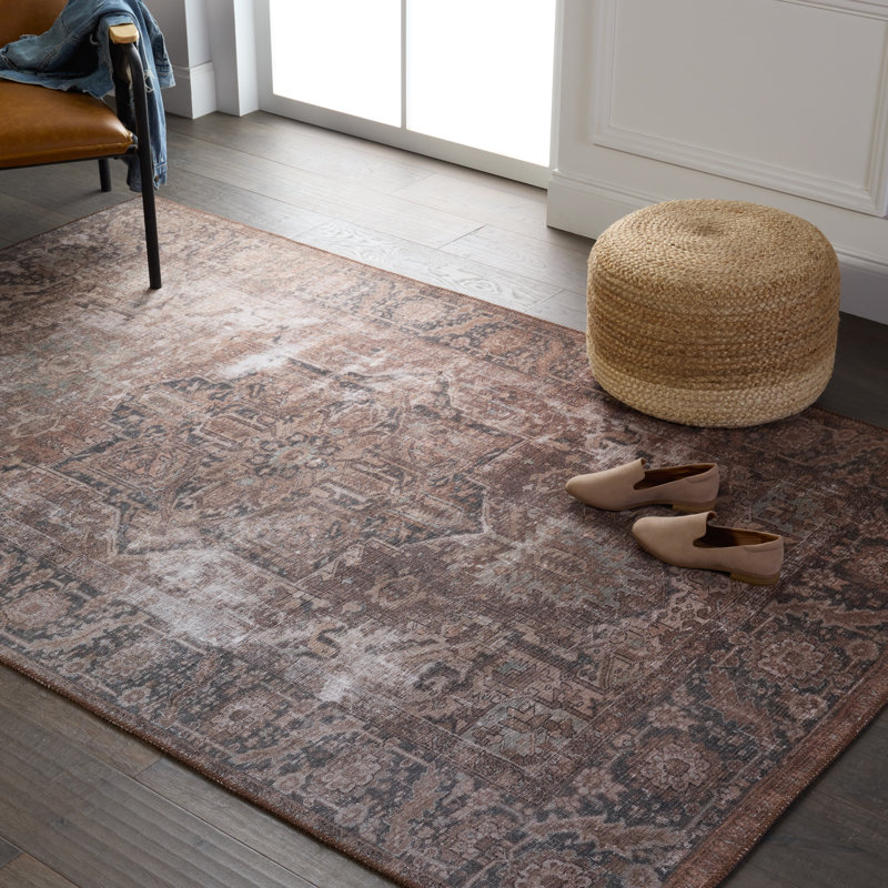 Vintage Blue and Brown Medallion Synthetic Washable Area Rug 5' x 7'