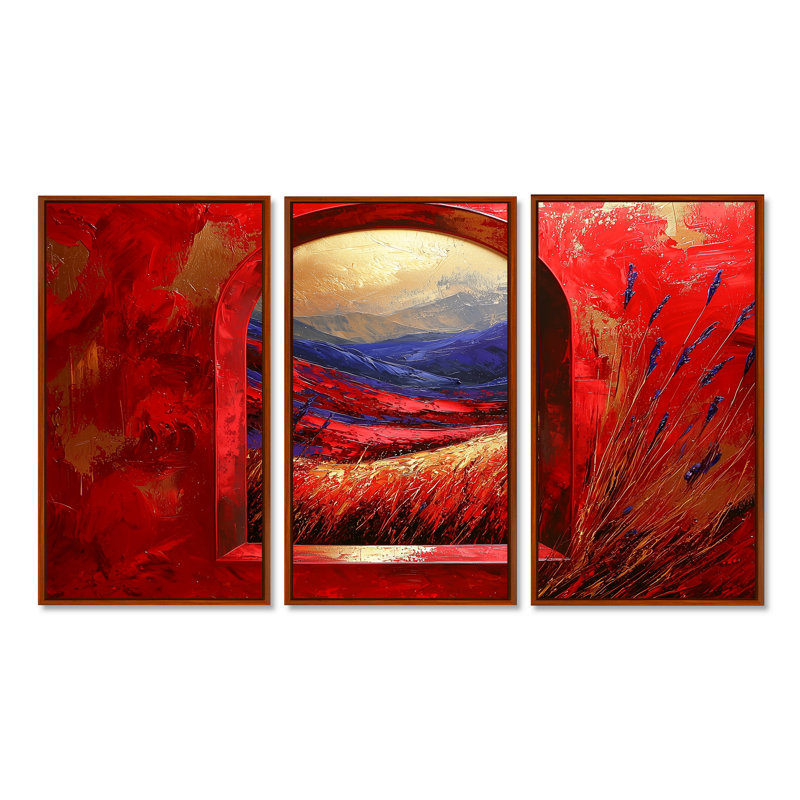«Red Summer Meadow», ensemble d'art mural prairie, Toile avec cadre flottant brun, H 40 po x l 60 po x P 1 po