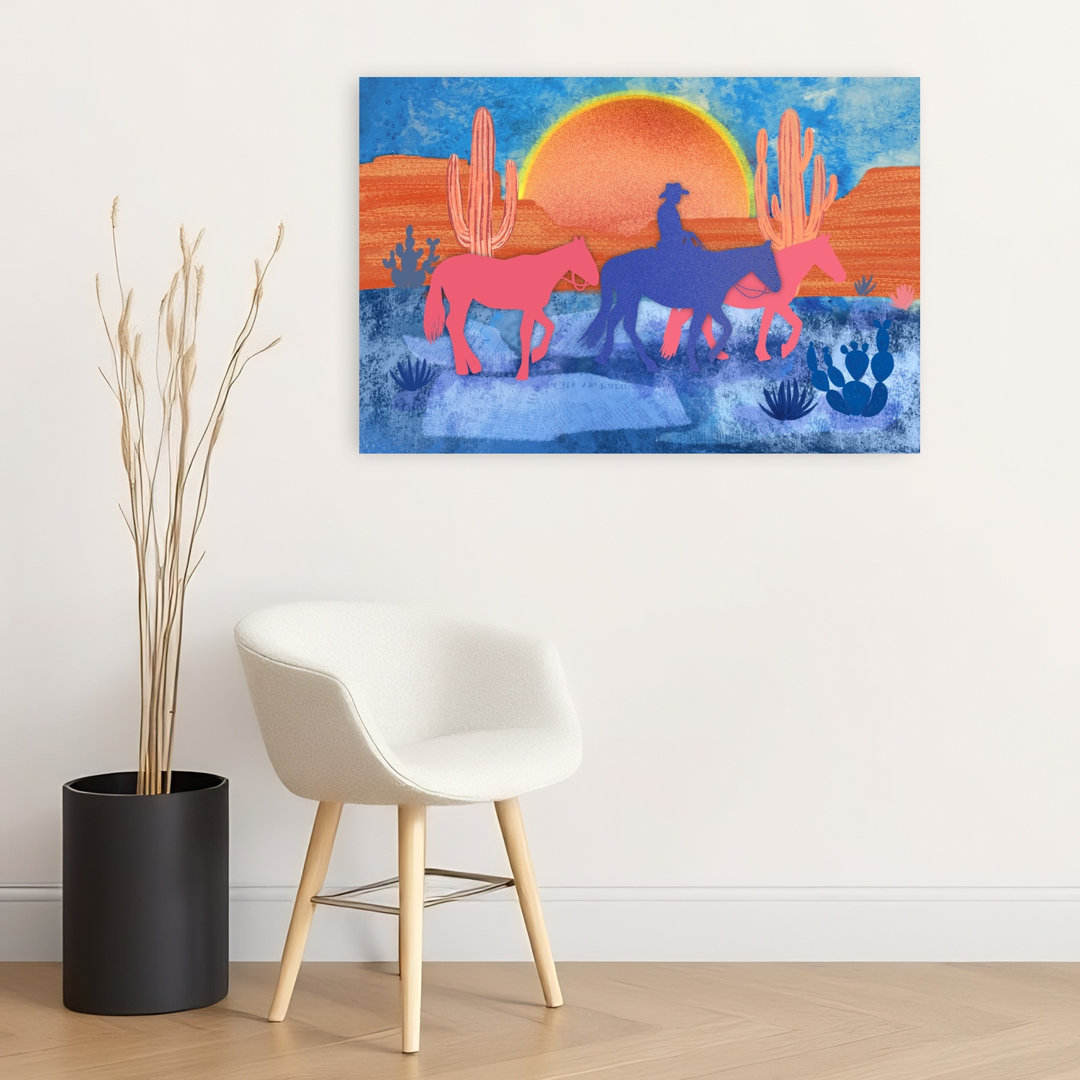 Cowboy Desert Journey Abstract Contemporary Cactus Horse Landscape Sunset Wall Art Print