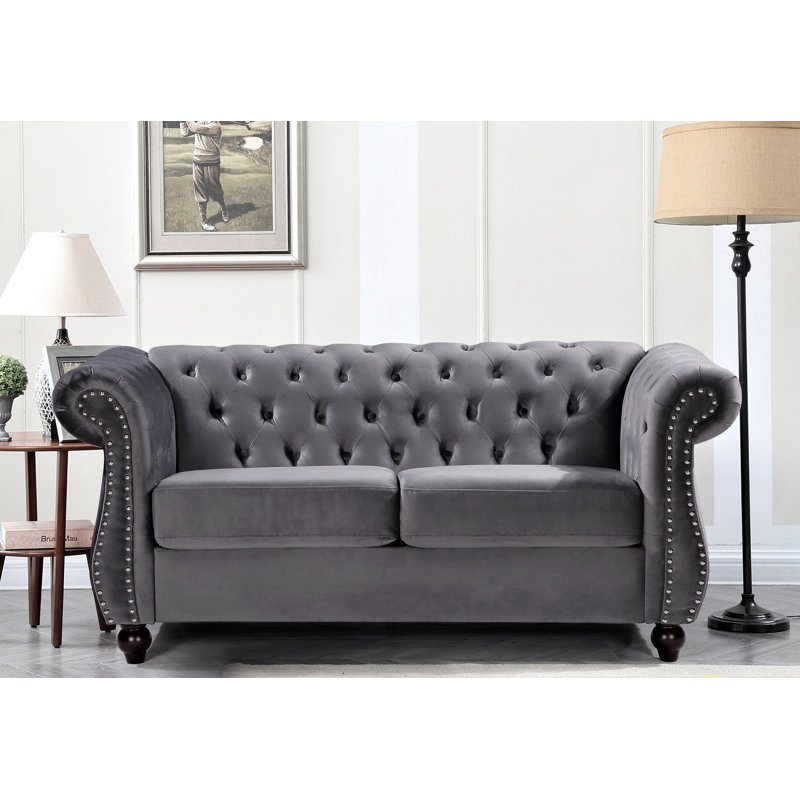 Feinstein 67.6" Velvet Rolled Arm Chesterfield Loveseat, Gray