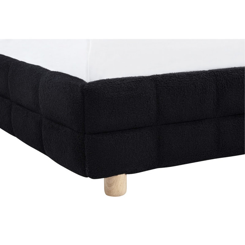 Queen Size Low Profile Platform Bed Black Fleece Upholstered Grid - Headboard Engineered Hardwood Side Rails Assembly Required Contemporary With Soft Headboard, Frame, And ,