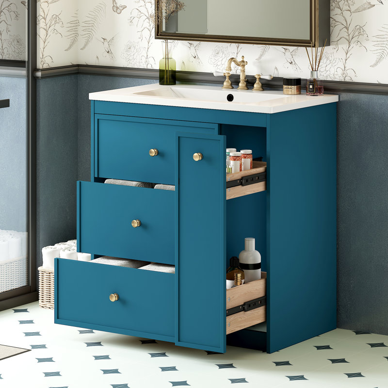 Élégant ensemble de rangement pour salle de bain moderne en bois massif avec lavabo et coiffeuse bleu parfait pour les maisons