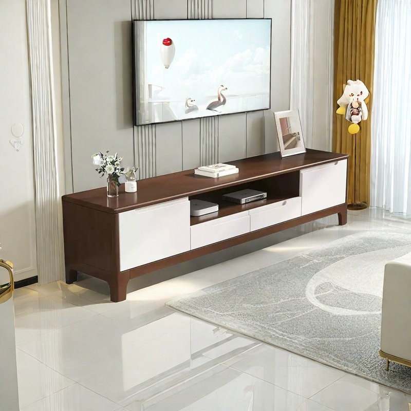 Meuble télé moderne en bois massif avec grand tiroir, Noyer/blanc, 18.89" H x 70.86" W x 14.96" D