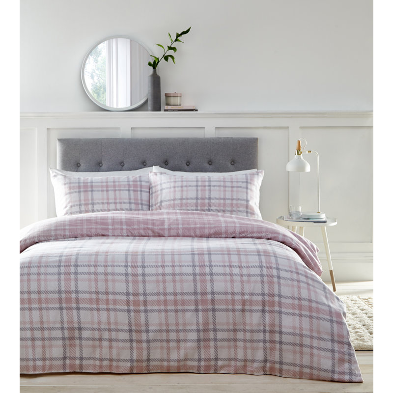 Raffael Flannel Chequered Duvet Cover Set with Pillowcases Included, Blush Pink, Single - 1 Standard Pillowcase