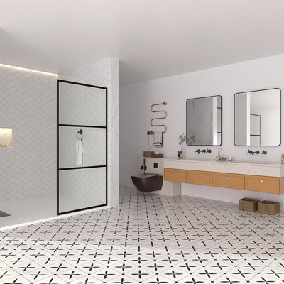 Nyssa 34 In. W X 72 In. H Framed Fixed Shower Screen Door In Matte Black With 5/16 In. (8Mm) Patterned Glass