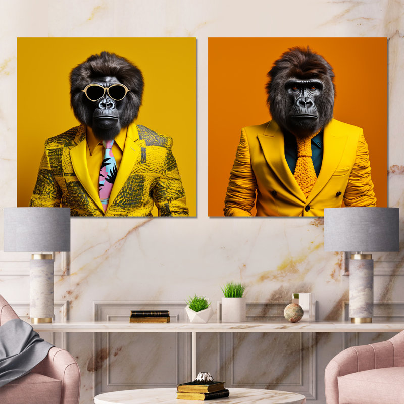 «Yellow Gorilla In suit I», ensemble d'art mural sur toile Gorilla, Toile tendue, H 16 po x l 33 po x P 1 po
