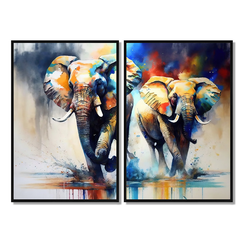 Éléphants qui courent - reproductions d'art sur toile, Noir, H 36 po x l 48 po, Impression encadrée flottante