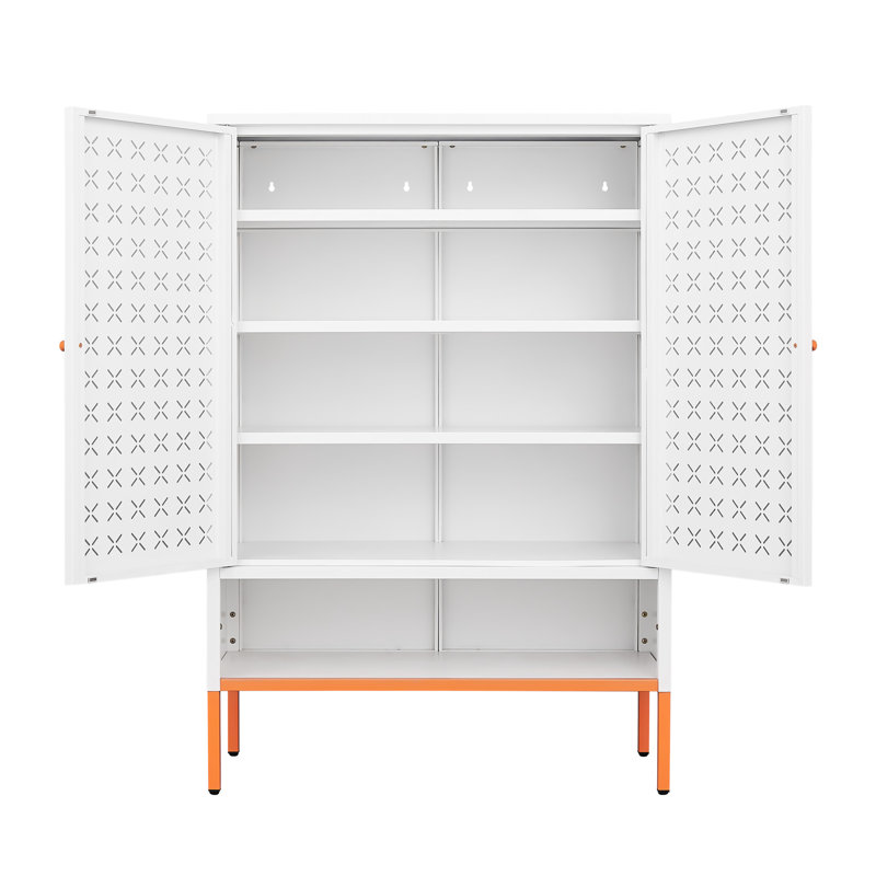 Armoire de rangement à chaussures à deux portes avec grille en métal blanc, base surélevée de 15 cm, tablettes réglables, armoire de rangement autoportante de style moderne pour espaces de vie, haut pied à éviter, trois compartiments,