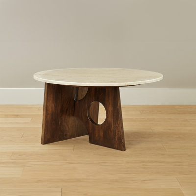 Kali Coffee Table | 27" Natural Round Marble Tabletop | Dark Brown Mango Wood Sculptural Base by Latitude Run