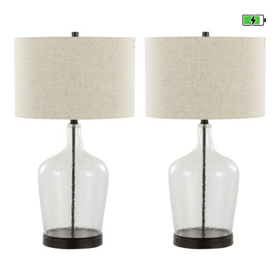 Lampe de table contemporaine 28 po en verre alvéolaire transparent et métal bronze huilé avec abat-jour en lin naturel et port USB intégré - ensemble de 2
