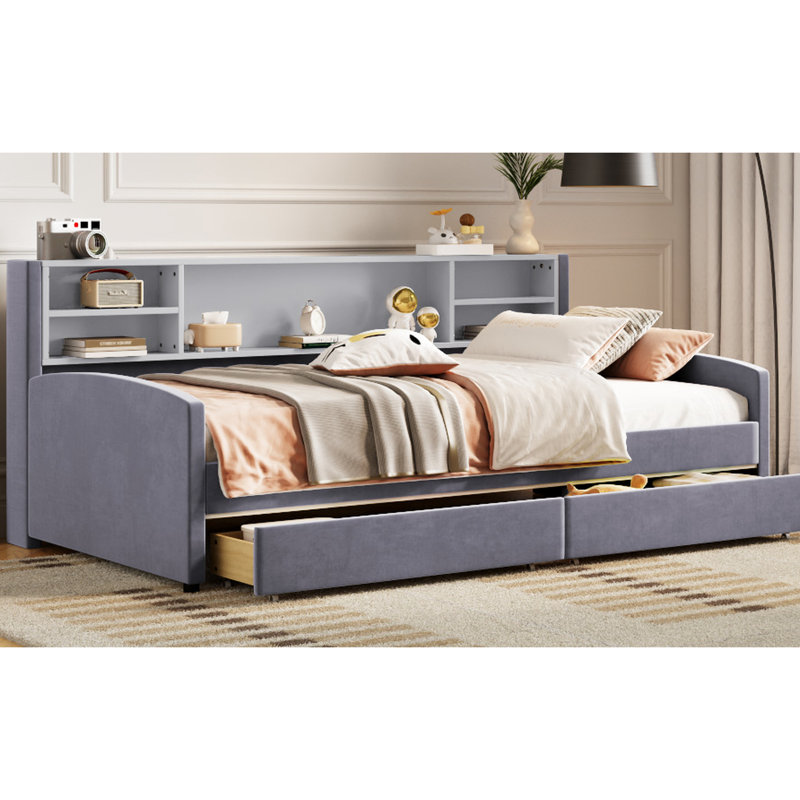 Lit plateforme tapissier simple avec rangement en velours gris et tiroirs - Velours, fonctionnel, Gris
