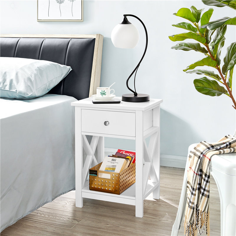 1 Drawer Bedside Table with X-Shape Frame, White