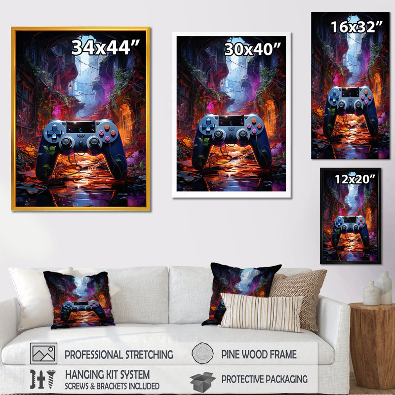 Neon Video Game Controler Haven II - Jeux vidéo, art mural, Cadre simple noir, H 32 po x l 24 po x P 1 po