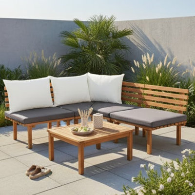 Chaise d'angle d'extérieur Roma, tissu blanc, bois d'acacia massif Roma