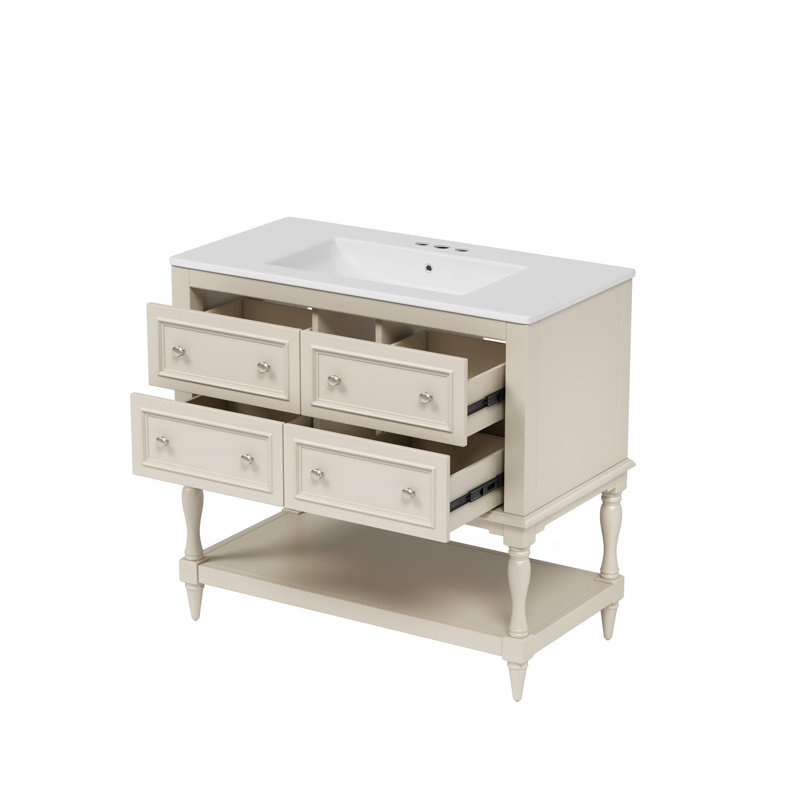 Ensemble de meuble-lavabo 36 po avec lavabo 36 po, lavabo en céramique encastré, ensemble de meuble-lavabo autoportant avec 4 tiroirs, armoire de salle de bain avec cadre en bois massif, beige