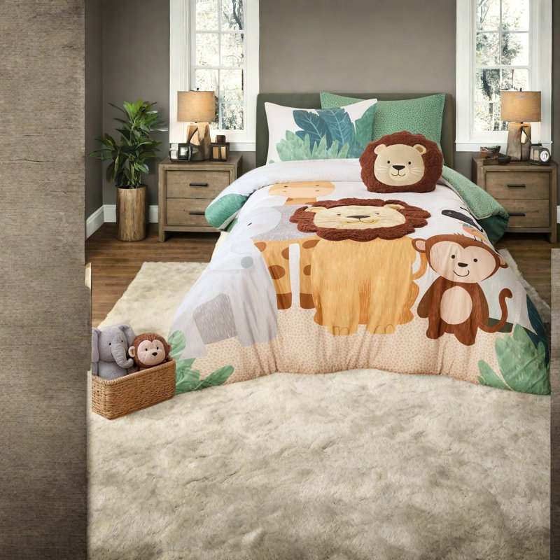 Ensembles de literie Safari, édredon vert simple en microfibre avec coussin Lion