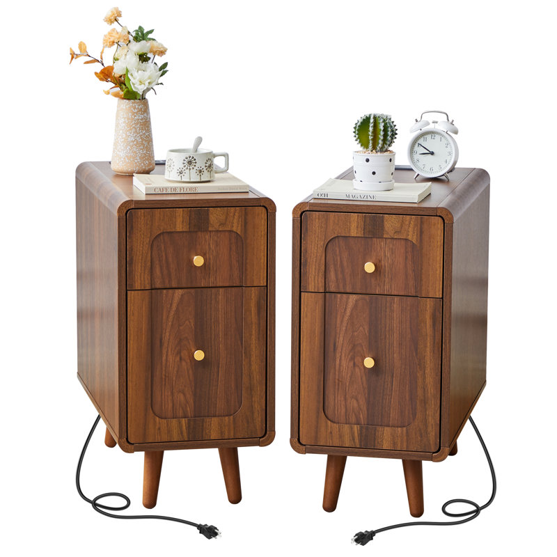 Narrow End Table With Charging Station, Brown