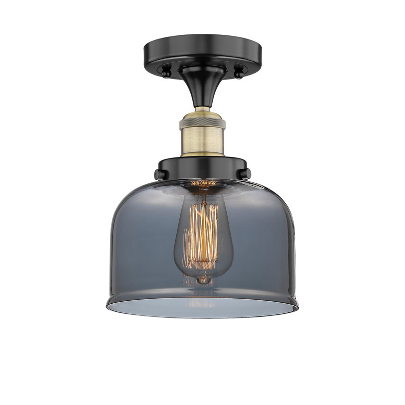 Bell - 1 Light 8" Semi-Flush Mount - Black Antique Brass Finish - Light Smoke Glass Shade, Plated Smoke, Black Antique Brass