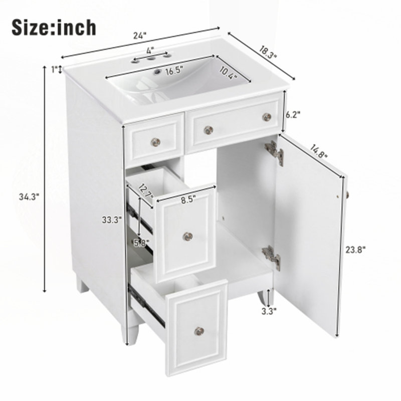 Meuble-lavabo 24 po avec lavabo en céramique, Blanc / argenté