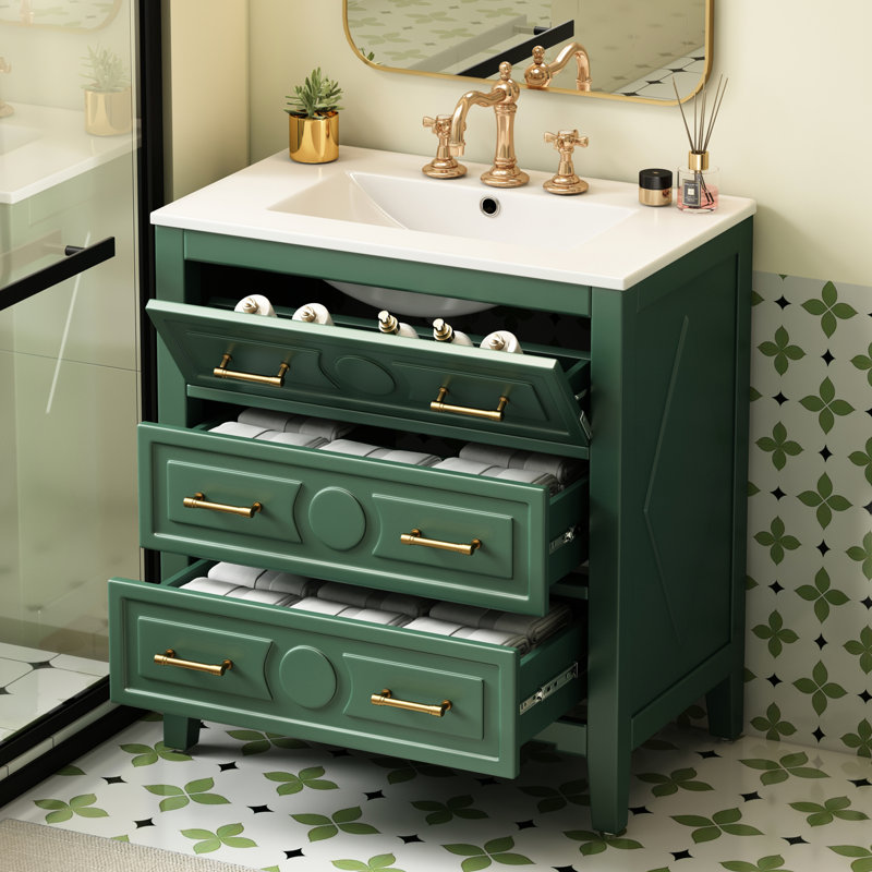 Meuble-lavabo 30 po avec lavabo en céramique, bois massif, 3 tiroirs, meuble-lavabo à touche rétro, 3 rangements, attrait