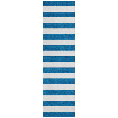 8' Runner Navy Blue Striped Washable Non Skid Indoor Outdoor Runner Rug