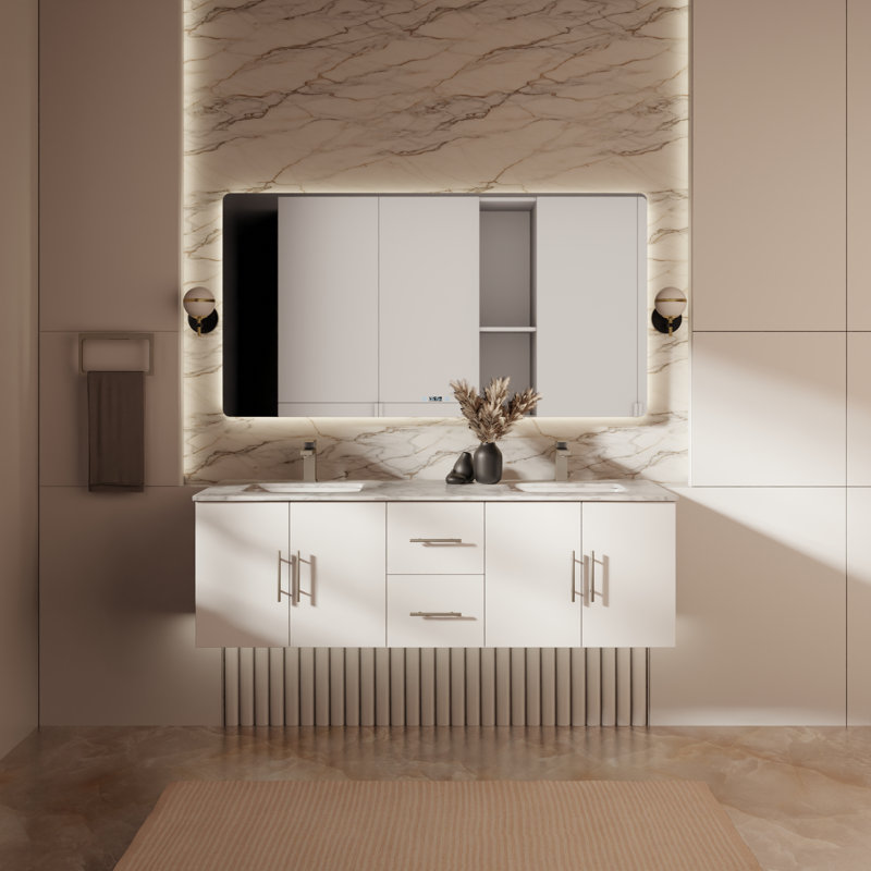 Geneva 60" Wall-Mounted Double Bathroom Vanity Set, Glossy White, White Carrara Marble