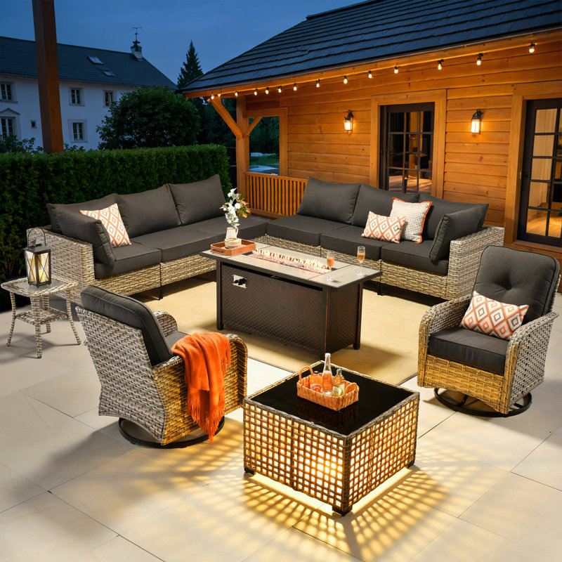 Emroy 8 - Person Reversible Modular Outdoor Conversation Set,Wicker Patio Seating Group with Lighted Coffee Table, All Weather Swivel Chair Set with Cushions