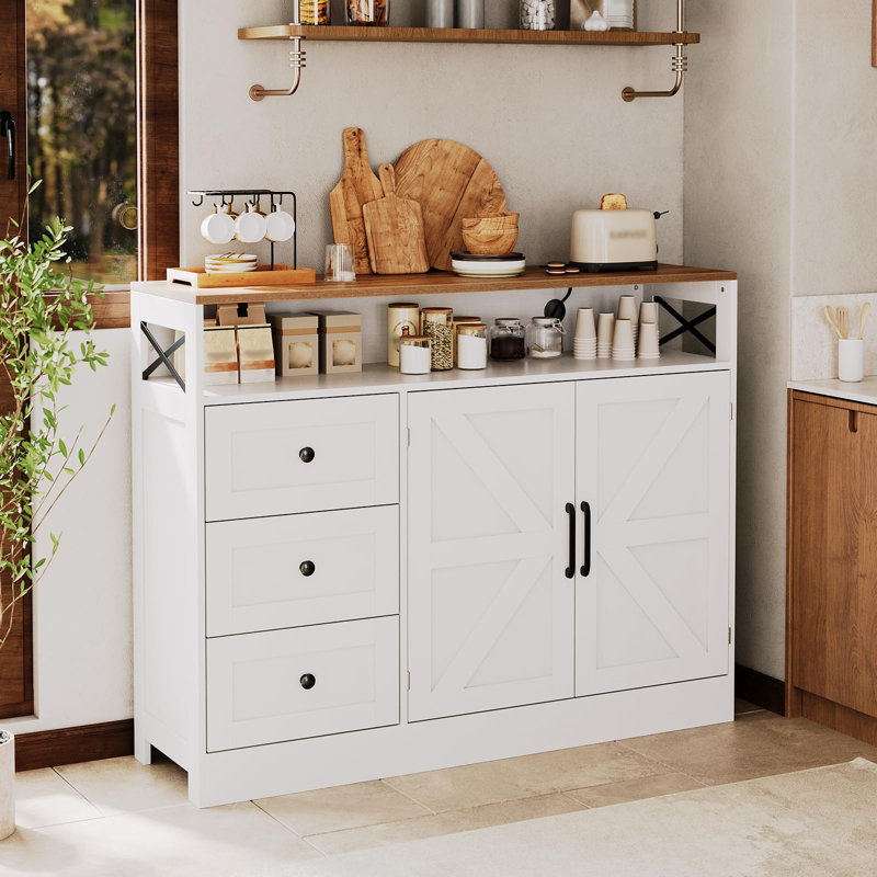 47.2"Buffet Cabinet with Storage,Modern Farmhouse Sideboard Storage Cabinet with Power Outlet,3 Drawers and 2 Barn Doors