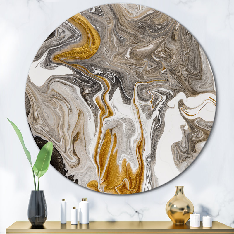Or et vagues de marbre noir III - art mural moderne en cercle métallique, H 11 po x l 11 po x P 1 po