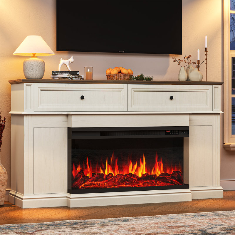 63" TV Stand with Electric Fireplace for TVs up to 70 Inch, Media Entertainment Center with Cable Management, Adjustable Shelves & Hidden Storage Doors